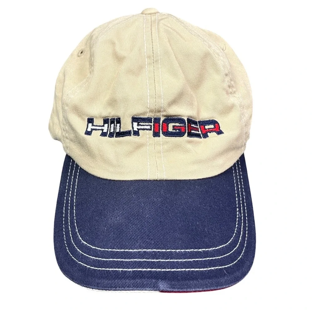 Tommy Hilfiger Dad Hat Tan Navy Blue Embroidered Logo Leather Strapback Cap